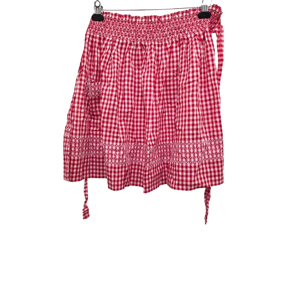 Red & White Gingham Smocked Apron‎ Decorative Stitching & Side Pocket